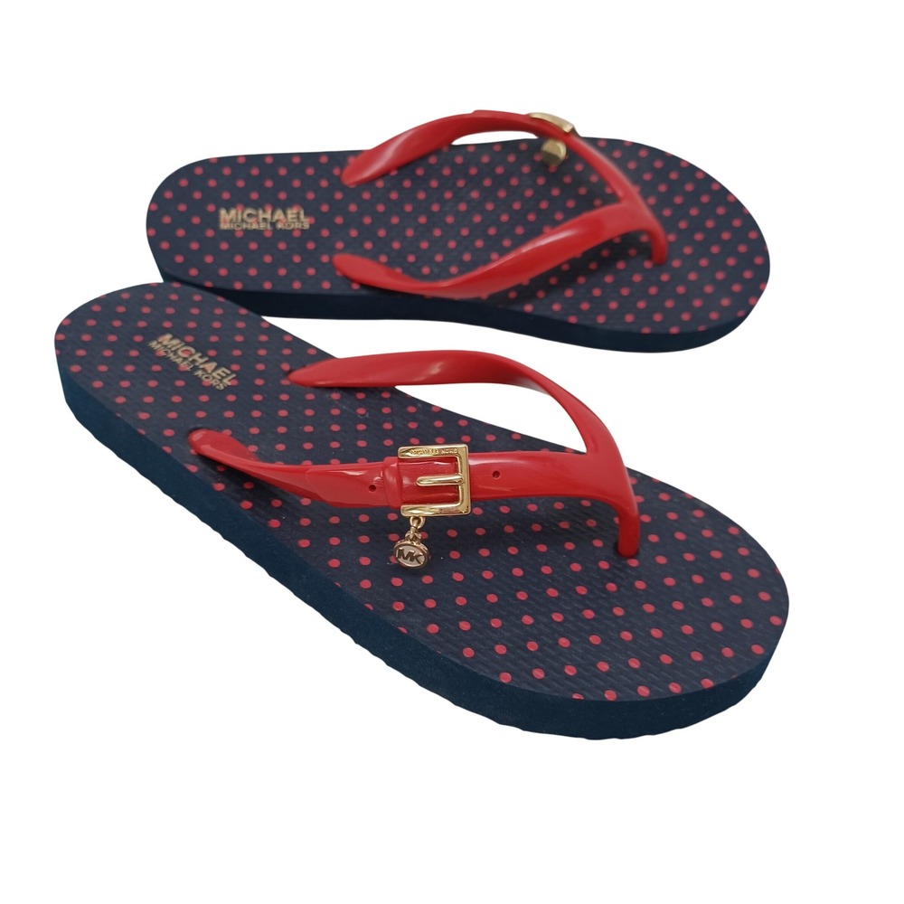 Michael Kors Womens Navy Red Polka Dot Flip Flop Sandals Gold Buckle Charm 6M